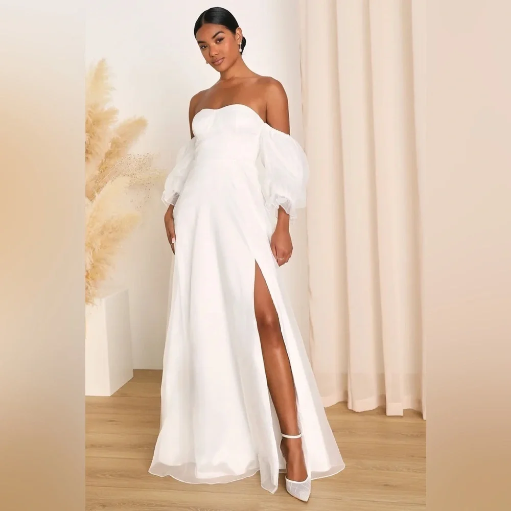 NWT Lulus True Excellence White Bustier Off-The-Shoulder Gown, Size Large - Picture 1 of 15